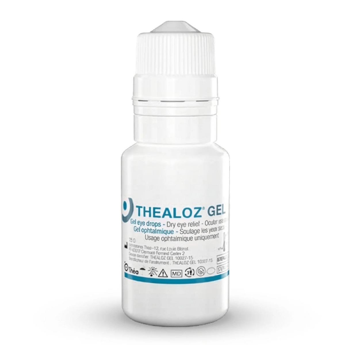 A small white plastic bottle of THEALOZ GEL with a white ribbed cap, shown on a clean white background with a soft shadow.
